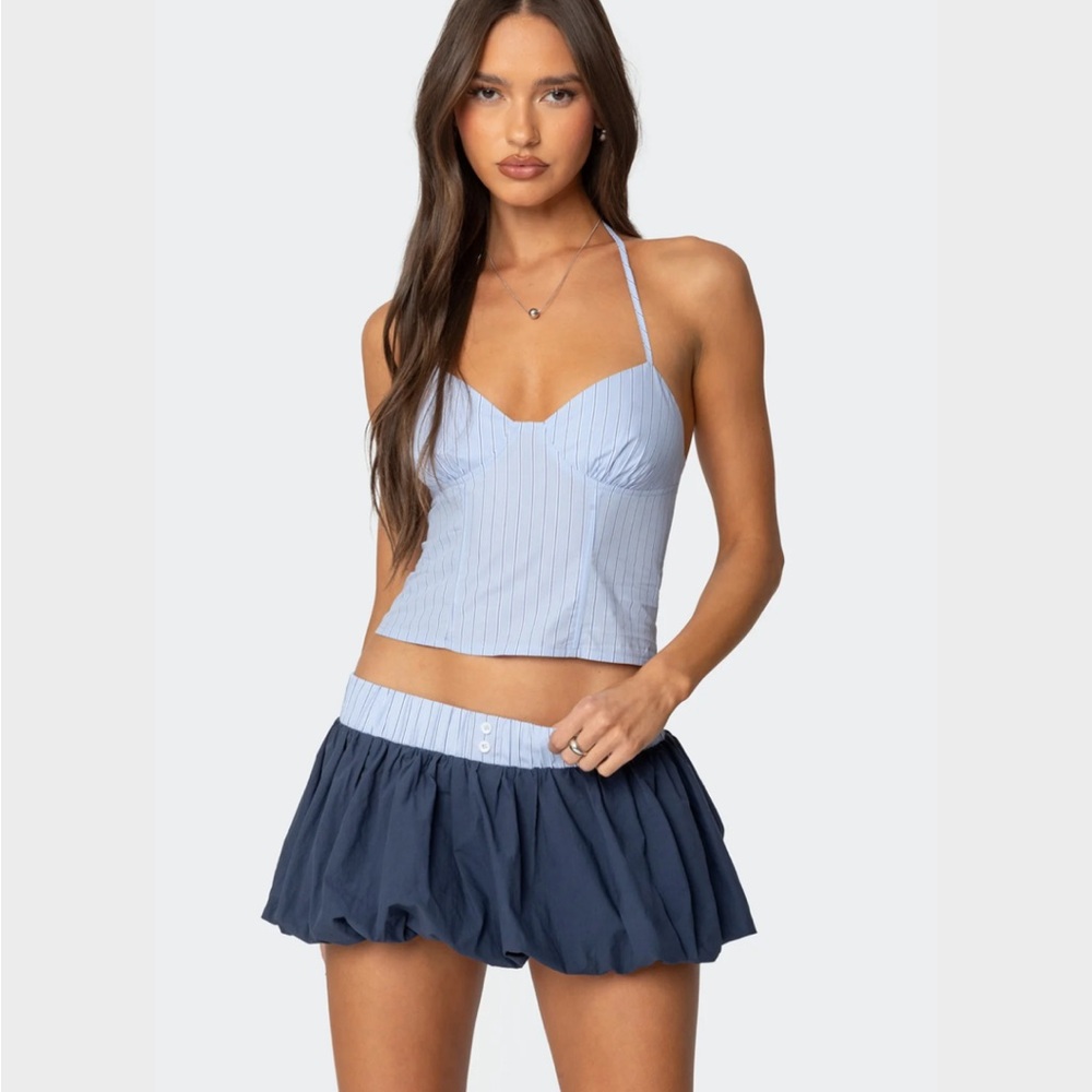 Edikted Striped Halter Top and Navy Skirt Set